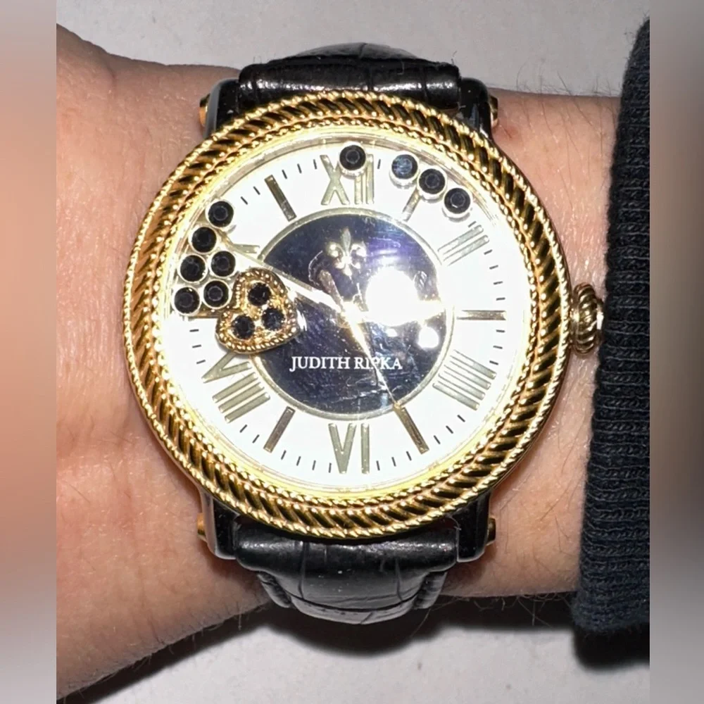 Judith Ripka Gold/Black Odyssey Diamonique Stainless Steel Leather Watch